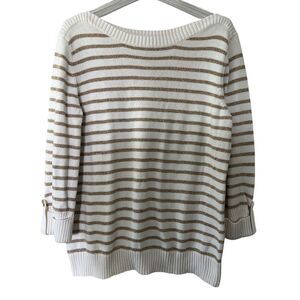 Karen Scott Women's 3/4 Sleeve Cotton Knit Sweater Cream Gold Shimmer Size Large